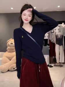 Korean Style V-Neck Embroidered Long Sleeve Slim Fit T-Shirt Womens Base Shirt Casual Commute Style Autumn New Arrival