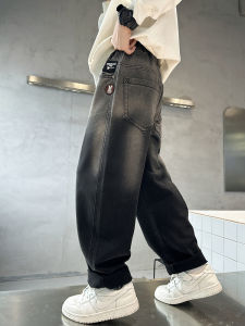 Boys Fleece Lined Denim Jeans Cool Integrated Fleece Loose Childrens Outerwear Long Pants High Waist Elastic Belt All Seasons