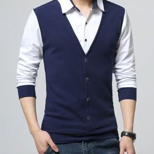 Áo thun nam áo thun dài tay thiết kế kiểu sơmi phối gile 2 màu đen trắng thanh lịch dành cho phái mạnh H31