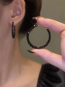 Elegant Black Crystal Hoop Earrings Womens Unique Design Minimalist Style Luxury Ear Jewelry Korean Fashion Alloy Geometric