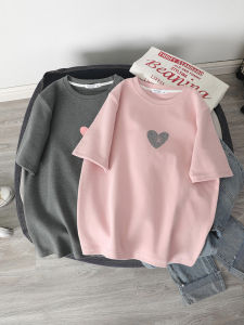 Áo Thun Cotton Dày Tay Ngắn Cho Nữ Dáng Rộng Mùa Thu Đông in Hình Trái Tim Phong Cách Đường Phố Thường Ngày