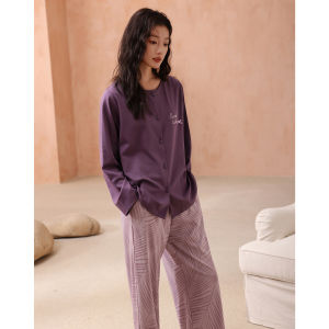 Cotton Long Sleeve Elegant Open-front Collarless Purple Loungewear Set