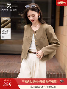 Cashmere Short Coat Womens Autumn New Style round Neck Wool Blend Caramel Color Commute Style Loose Fit Button Design Jacket