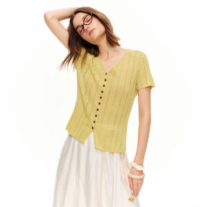DUSHU | V-Neck Lace Texture Knit Cardigan Short