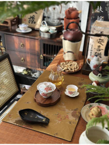 Tấm Trải Bàn Trà Lụa Vàng Thủ Công Cổ Điển Phong Cách Trung Hoa Tấm Trải Bàn Trà Khô Họa Tiết Thêu Vàng Tấm Trải Bàn Trà Bằng Lụa