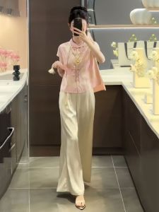New Chinese Style Summer Fashion Set Womens Short Sleeve Embroidered Button High Waist Wide Leg Pants Slimming Two Piece Set