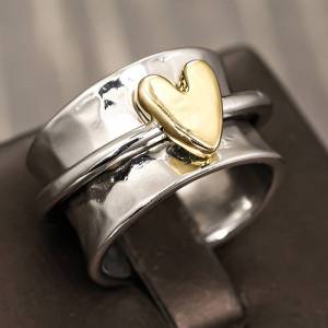 Huitan Simple Design Women Gold Color Heart Ring Two Tone Metal Party Wedding Accessories Fashion Versatile Jewelry for Daily