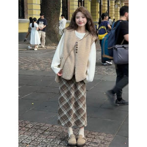 กระโปรงทรงเอเอวสูง ทรงตรง ยาวปานกลาง สำหรับผู้หญิง ฤดูใบไม้ร่วง/ฤดูหนาว กระโปรงทรงเอสไตล์ญี่ปุ่นย้อนยุค ดีไซน์เปิดหลัง