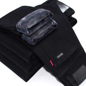 Quần Jeans Denim Lót Lông Cừu Dày Cho Nam Mùa Thu Đông Quần Ống Thẳng Rộng Cạp Cao Quần Dài Co Giãn Cỡ Lớn