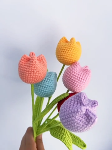 Hand-Knitted Tulip Flower Crochet Flowers Sunflower Rose Bouquet Finished Wedding Decorative Handcraft Household Deco