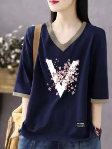 Fashionable Color Block V-Neck Short Sleeve T-Shirt Womens Loose Fit Summer Cotton Print Casual Versatile mid Sleeve Top