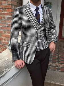 3 Pieces Houndstooth Mens Blazer Suits For Wedding Business Formal Tweed Groom Tuxedos Party Prom Man Suits Jacket+Pants+Vest