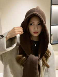 Shawl Air Conditioning Fall Winter Hooded Scarf K-style Easiest for Match Knitting Scarf Hat Integrated Female Heattech Outer Wear Pure Color Fashion