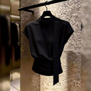 Black Collared Waist-Tying Top Slim Fashion