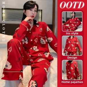 Cartoon Pencil Sketch Spring Autumn Long Sleeve Long Pants Red Wedding Celebration Womens Sleepwear Set Lucky Year Home Clothes