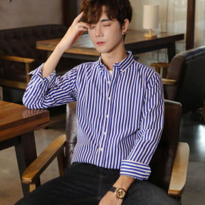 New 2025 Mens Striped Long Sleeve Shirt Stylish Youthful Spring Autumn Outerwear Standard Fit Color Woven Fabric Square Collar