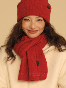 High-End 100% Pure Wool Scarf Hat Set for Women Red New Year Christmas Vintage Winter Warm Rectangle Shawl Korean Style