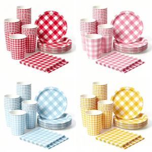 Hasbro | 60Pcs Pink Blue Red Green Checkered Themed Disposable Tableware Set for Picnic Birthday Party Baby Shower Wedding Party Supplies