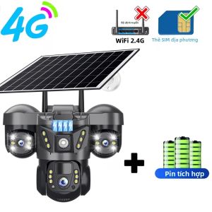 Camera Năng Lượng Mặt Trời V380 Pro 15MP Với Ba Ống Kính Âm Thanh Ngoài Trời Chống Nước IP66 Tích Hợp Pin HD Hỗ Trợ Thẻ SIM 4G An Ninh Mạng CCTV