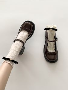 French Mary Jane Shoes Small Leather Womens Summer Socks Retro Beautiful Thick Heel Versatile Black 2024 New Style Sweet Butterfly Knot PU Material Round Toe Mid Heel