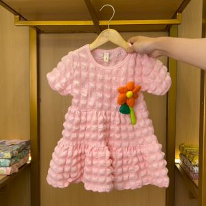 X-BABY Dress Anak Perempuan Lengan Pendek Crinckle Timbul Bunga O-Neck Korean Style 1-4 Tahun