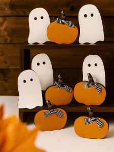 1pc Cute Halloween Wooden Tabletop Decor White Ghost & Orange Pumpkin Ornaments with Bows Spooky Tabletop Decorations for Home