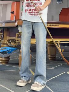 Blue Washed Extended Straight Leg Mens Jeans High Waist Bell Bottoms American High Street Vibe Casual Comfortable Denim