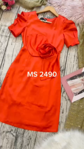MyDu Shop | Đầm Dự Tiệc Cổ Thuyền MS 2490 – Tay Ngắn Dún Đính Hoa Trước Ngực Vải Mango Cao Cấp