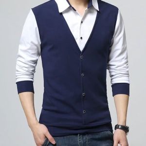 Áo thun nam dài tay thiết kế kiểu sơ mi phối gile 2 màu đen trắng thanh lịch dành cho phái mạnh H31