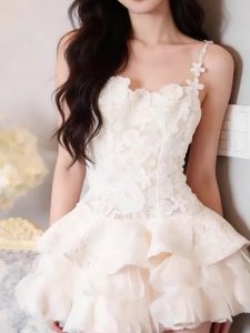 French Style Lace Embroidery Straps Evening Dress