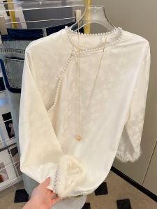 New Chinese Style round Neck Satin Long Sleeve Shirt Womens Spring New Pattern Splicing Beaded Embroidery Top