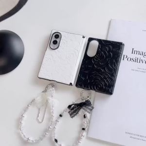 szhaiyu | For Samsung Galaxy Z Fold 8 Ultra Fold 8 7 6 5 Case With Hinge Protecror Leather Solid Camellia Pattern With Pearl Chain Strap