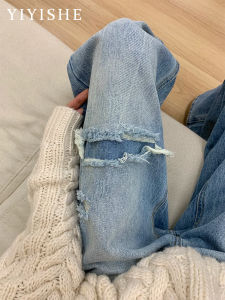 American Light Wash Wide Leg Jeans Womens High Waist Loose Slim Straight Floor-Length Trousers Casual Style Pocket Detail Denim