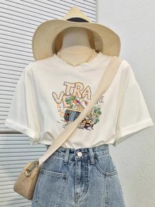 Summer Fun Cartoon Print Short Sleeve Womens T-shirt Loose Fit round Neck Pure Cotton Half Sleeve Top for Students White