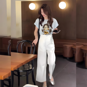 Shalldoer | Bộ đồ hai mảnh in họa tiết hoạt hình mùa hè cho bé gái Quần dài cạp cao tay ngắn thời trang Bộ đồ dễ thương và đáng yêu