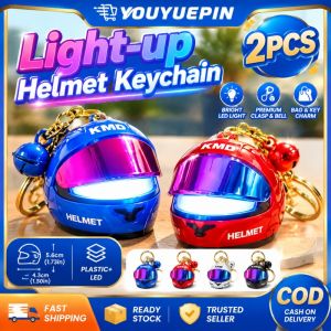 YOUYUEPIN 1-2PCS Electroplated Visor Helmet Keychain With Bell And LED Light Durable Plastic Key Ring Car Key Fob Backpack Ornament Decoration