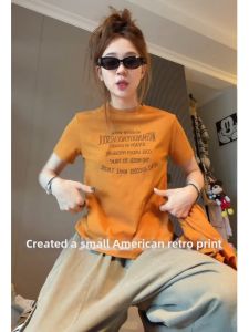 YUEZHONGWEI | Retro Letter Printed Orange Round Neck T-shirt