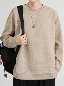 ROMON | Lomond Mens Fleece-lined Hoodie Round Neck Long Sleeve T-shirt Pure Color Inner Wear Base Shirt Spring Autumn Fashion Casual