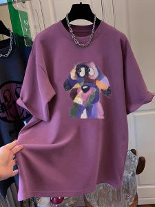 plus Size Womens Purple Cotton Short Sleeve T-Shirt Summer Loose Cartoon Print Cover up Top Korean Style round Neck Commute