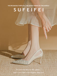 รองเท้าส้นสูงแบบสวมหัวแหลมสำหรับผู้หญิง ดีไซน์ใหม่ปี 2025 ทรงหัวแหลม พื้นยาง กันลื่น ดีไซน์เปิดหน้าเท้า