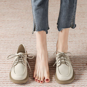 Womens Flat Loafers Spring Autumn Thick Bottom British Style Soft Leather Shoes round Toe Low Heel Rubber Sole Solid Color