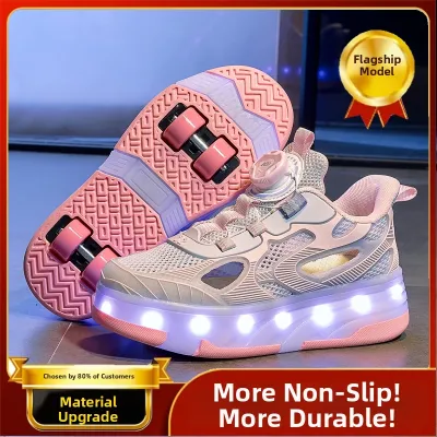 KUOBURENSHENG | Waterproof Glowing 4-Wheel Rotating Buckle Skating Shoes for Boys