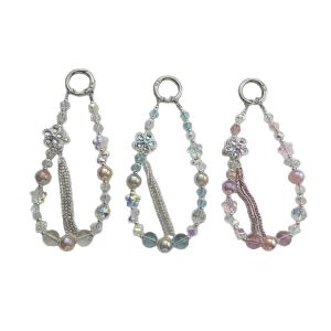 พวงกุญแจคริสตัลสายคล้องโทรศัพท์รูปทิวทัศน์ที่หรูหราน้ำหนักเบาลายกลีบดอกไม้5แฉกทำจากโลหะผสมสร้อยประดับขอบรูปดอกไม้