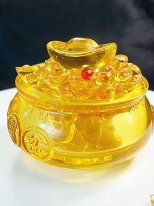 WHL 风水摆件黄水晶金条 聚宝盆摆件 吉祥物招财风水家居装饰品 开业乔迁 元宝 五帝钱 琉璃礼品  Fengshui Supplies