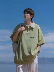 Heavyweight Pique Cotton Polo Shirt Mens Short Sleeve Summer Loose Casual Half Zip Collar T-Shirt Trendy Loose Sleeveless