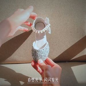 Childrens Day Dance Girls High Heel Princess Shoes Silver With Childrens Full Dress Shiny Stage Crystal Leather Shoes Baby Girls Closed Toe