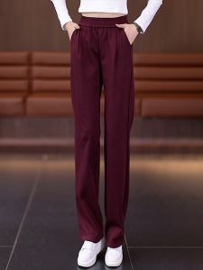 กางเกงขายาวทรงตรงเอวสูง ทรงหลวม ทรงลำลอง กางเกงวอร์มผู้หญิง สีแดง ฤดูใบไม้ผลิและฤดูใบไม้ร่วง 2025 ใหม่ กางเกงขายาวทรงตรง