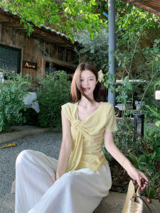 GUZILIAN | Summer New Design Knot Sash Fashion Slimming Unique Womens Top Korean Style Loose Fit Solid Color Knitted Short Sleeve T-shirt