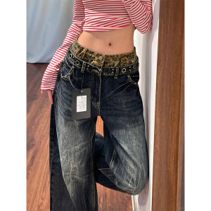 QIANCHANGNAAI | American Vintage Leopard Pattern Double Waistband Slim Straight Jeans Loose