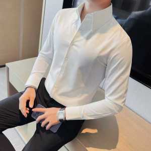 Fancy Large Pointed Collar Shirt Mens Long Sleeves Thin Silm Business Casual White Shirt Fashion Handsome Black Shirt